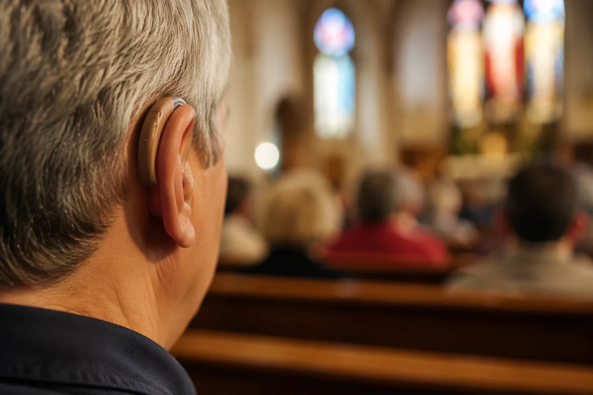 Older Adult Wearing Hearing Aid in Church