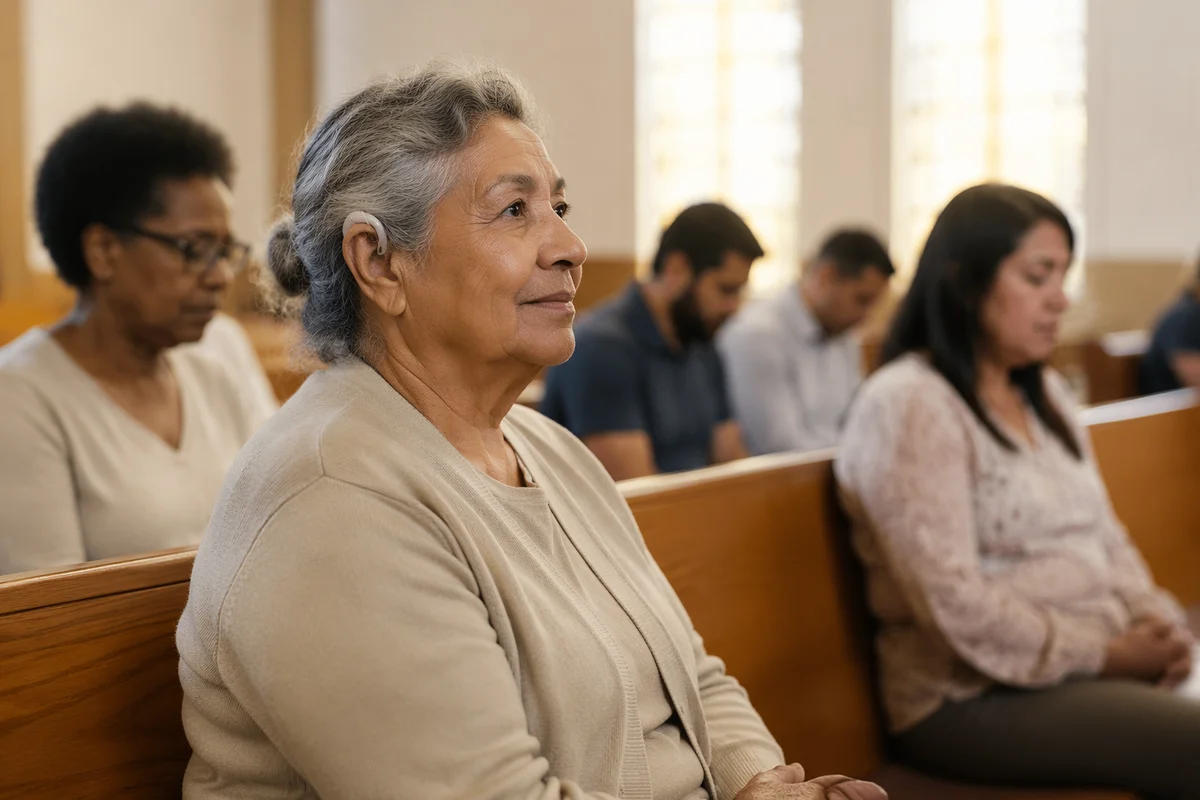Elderly Woman Listening in Church Pew