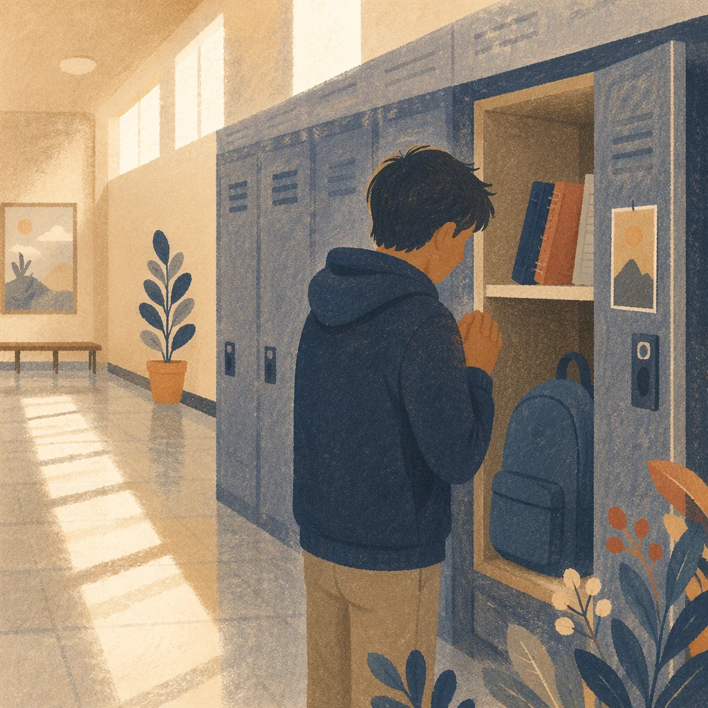 Student Praying Quietly at School Locker