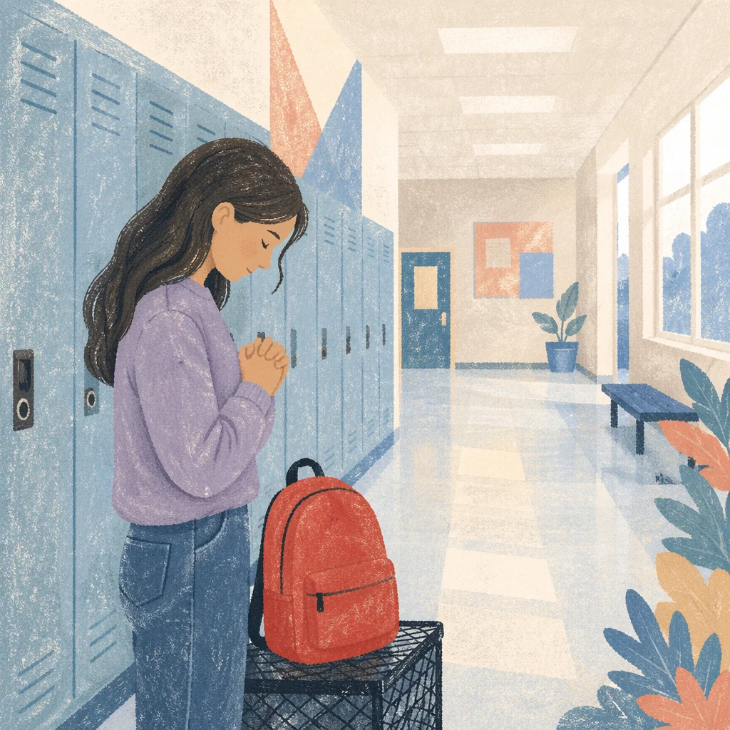 High School Student Praying by Lockers