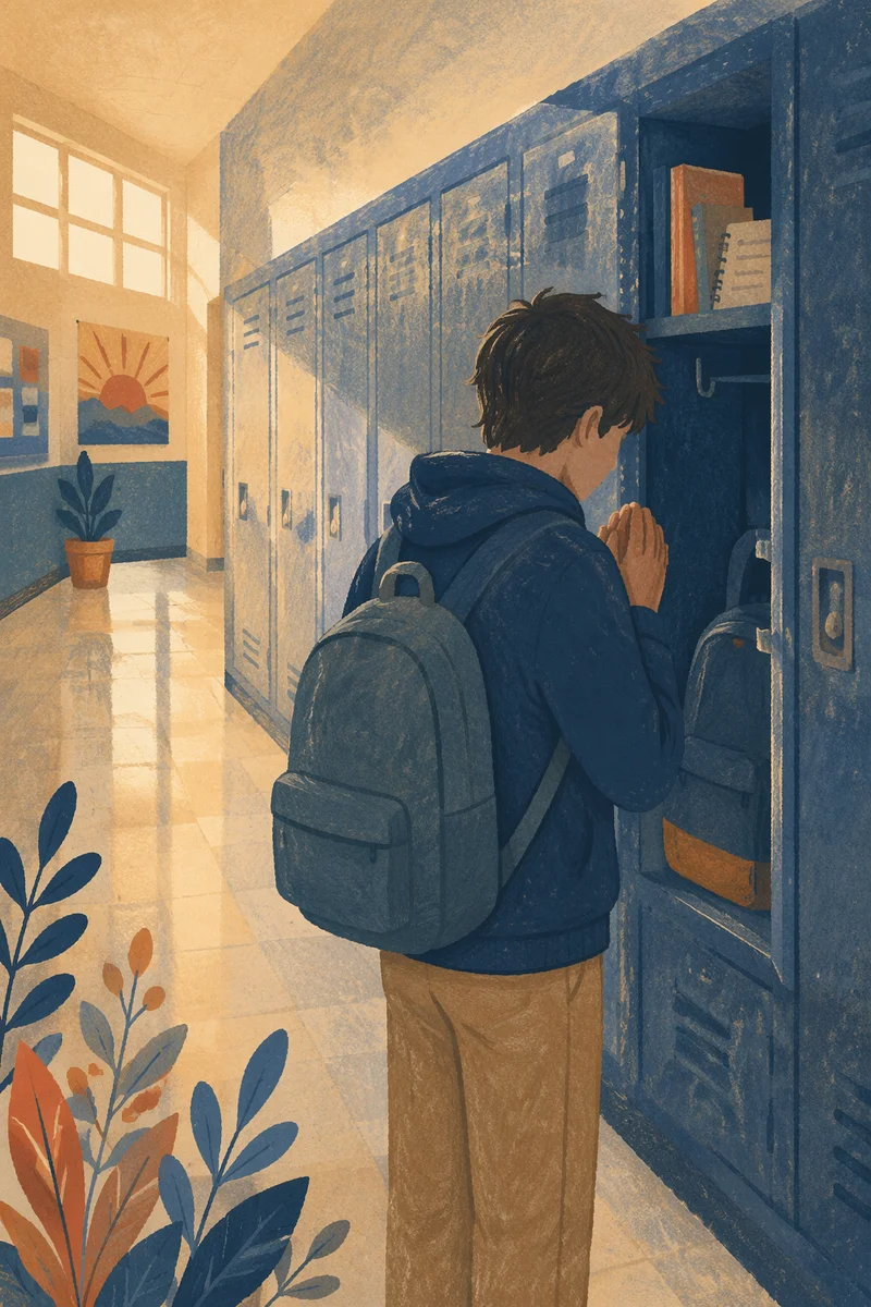 High School Student Praying at Locker