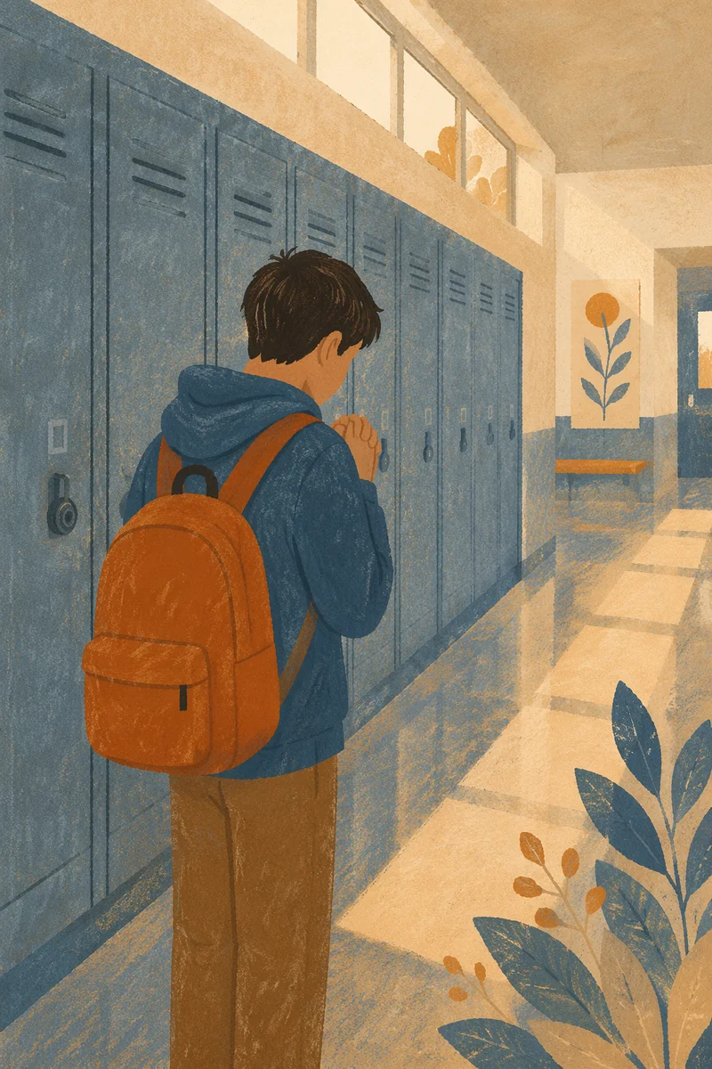 High School Student Praying by Lockers