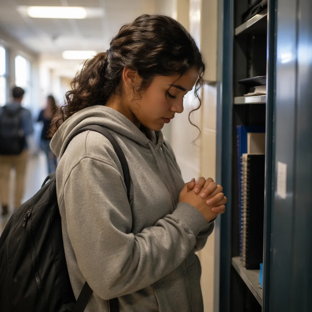 High School Student Praying at Locker