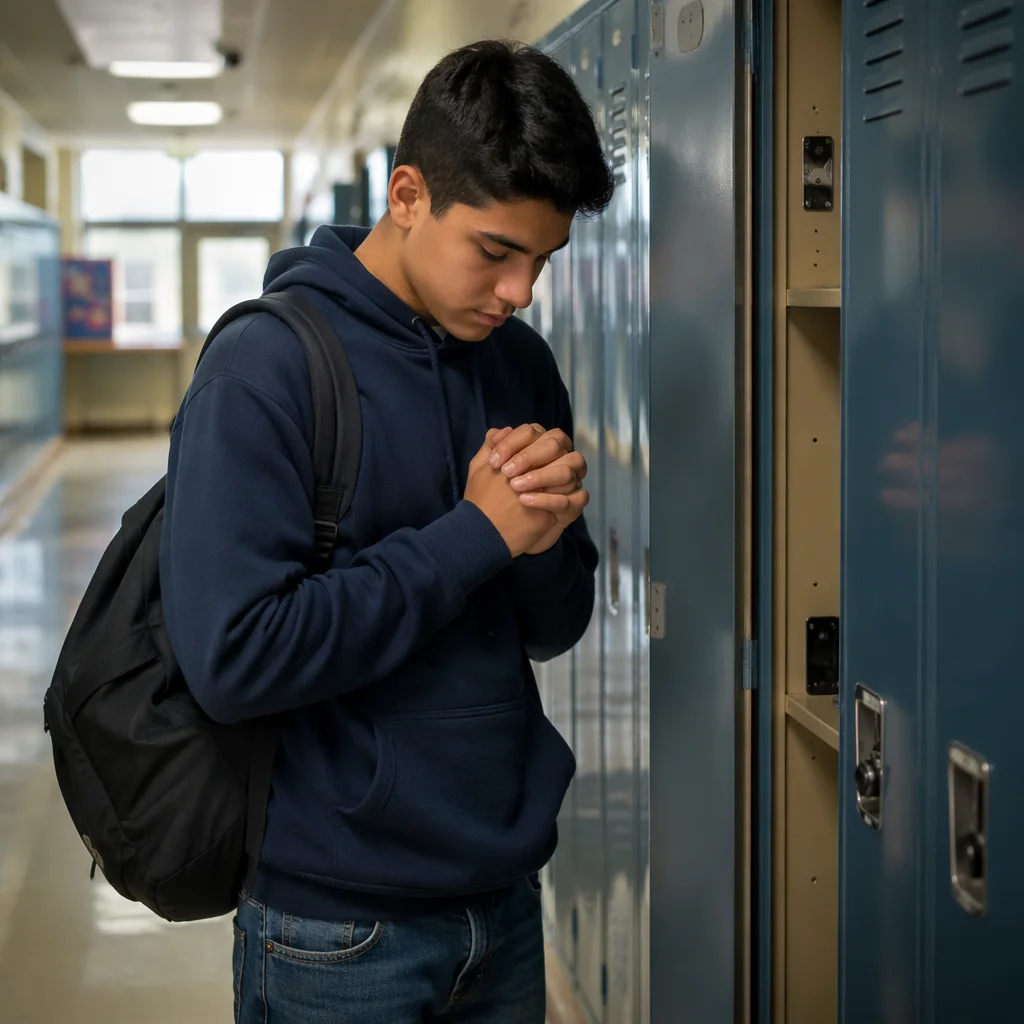 High School Student Praying by Locker