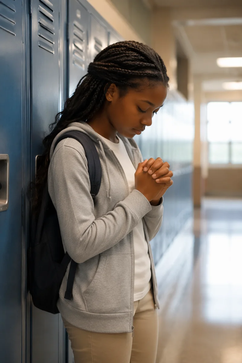 High School Student Praying by Lockers