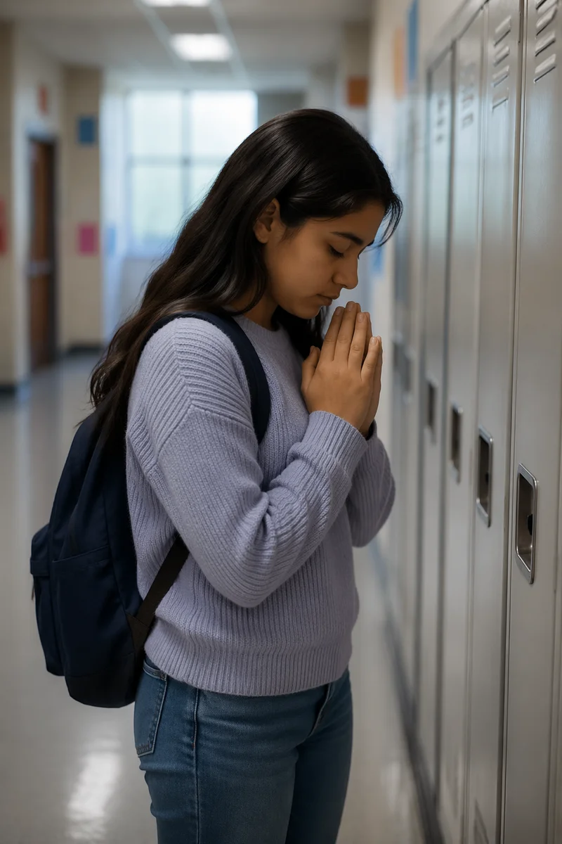 Teen Girl Praying by School Lockers