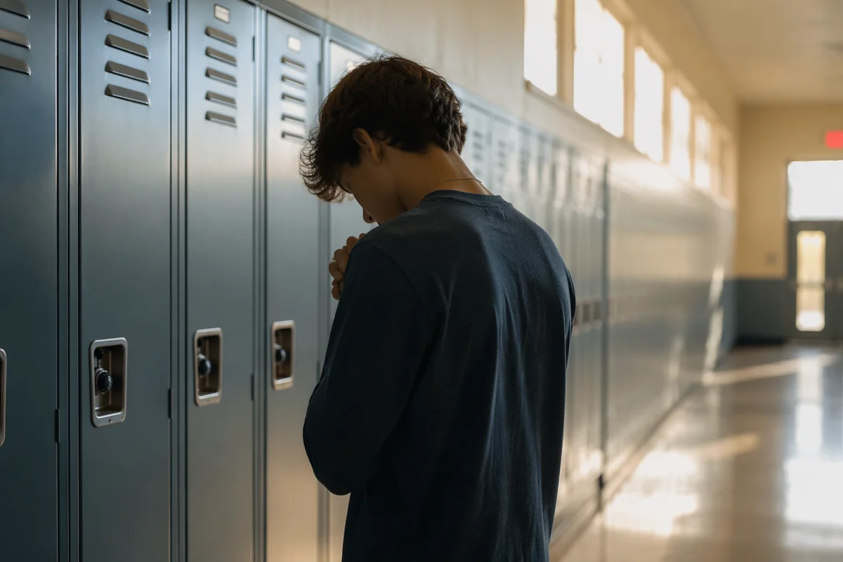 High School Student Praying by Lockers