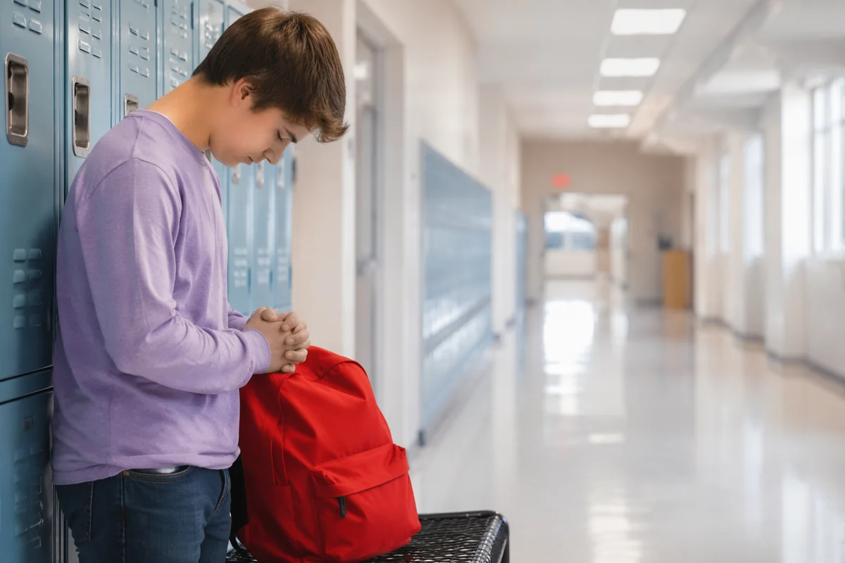 High School Student Praying by Lockers