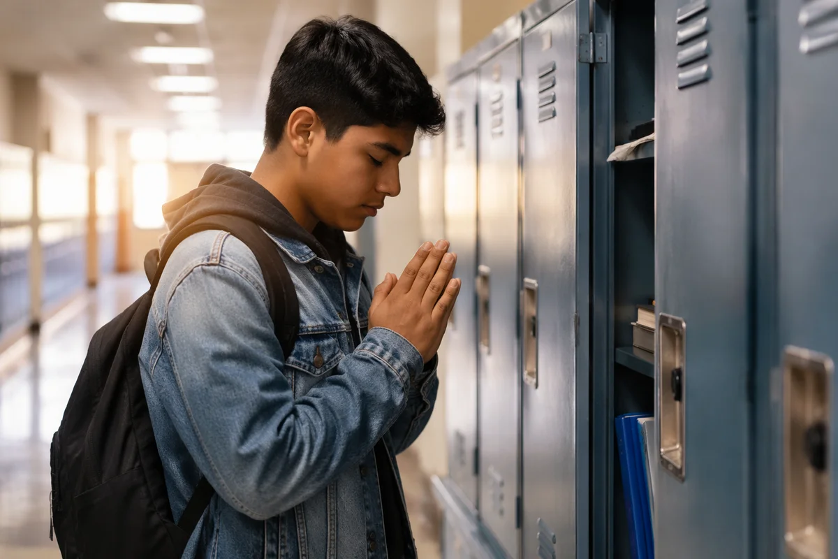 High School Student Praying at Locker