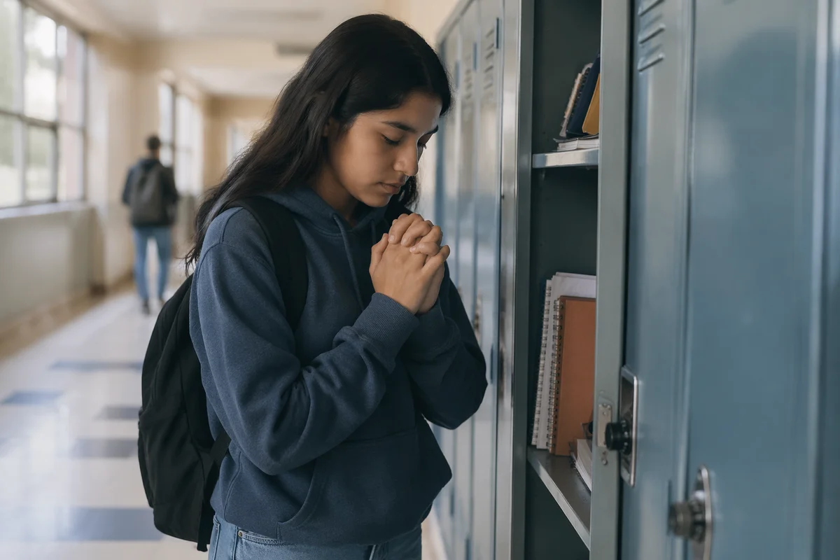 Teen Girl Praying at School Locker