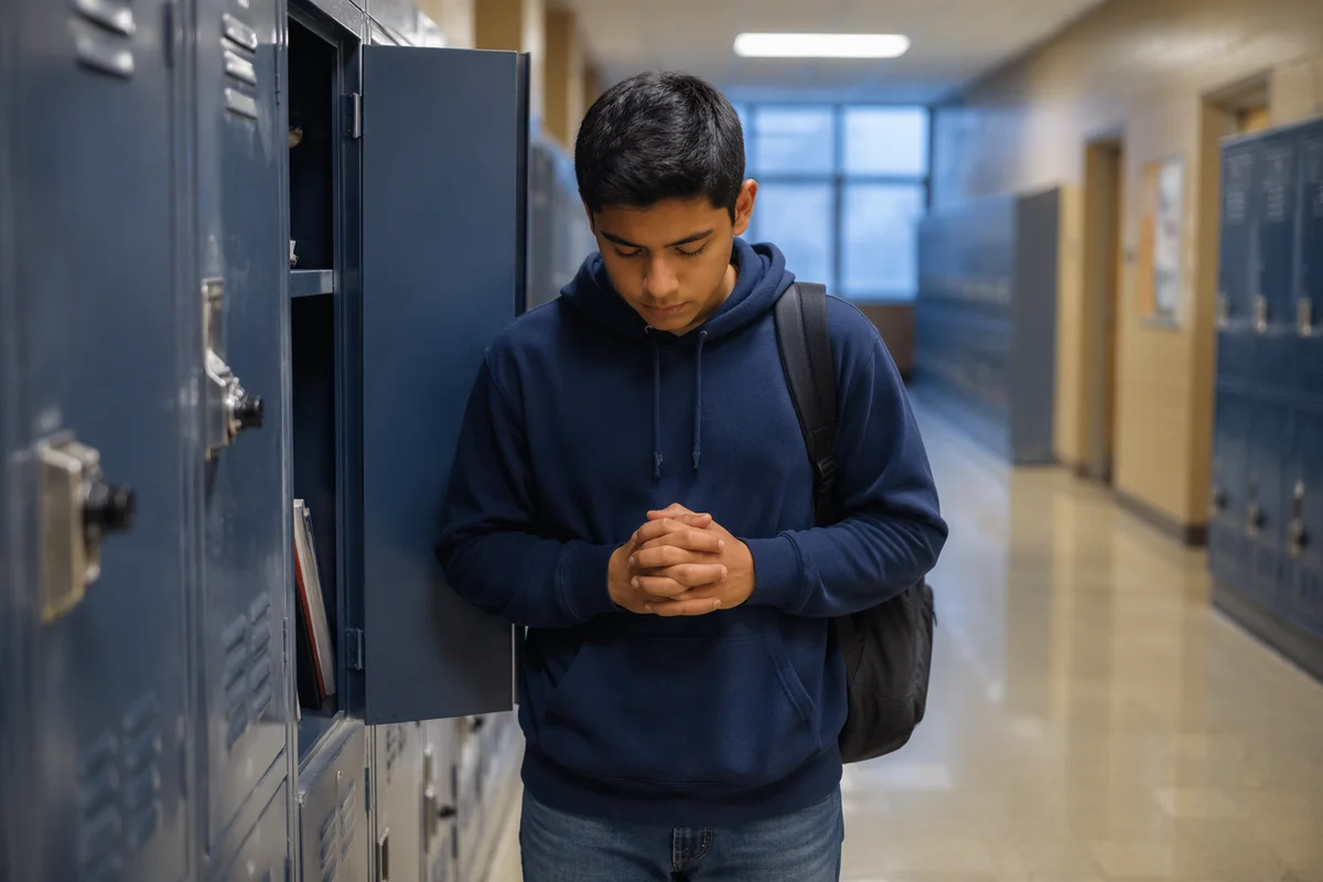 Teen Boy Praying at School Locker