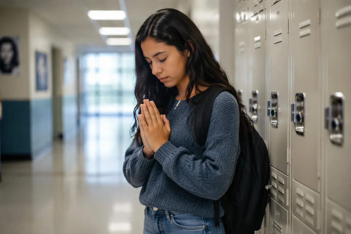 Teen Girl Praying by School Lockers