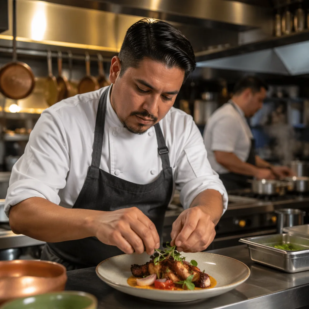 Hispanic Chef Plating Dish in Restaurant Kitchen