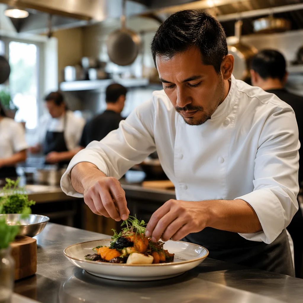 Hispanic Chef Plating Dish in Kitchen