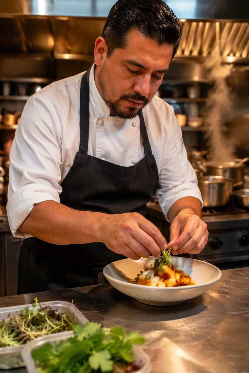 Hispanic Chef Plating Dish in Restaurant Kitchen