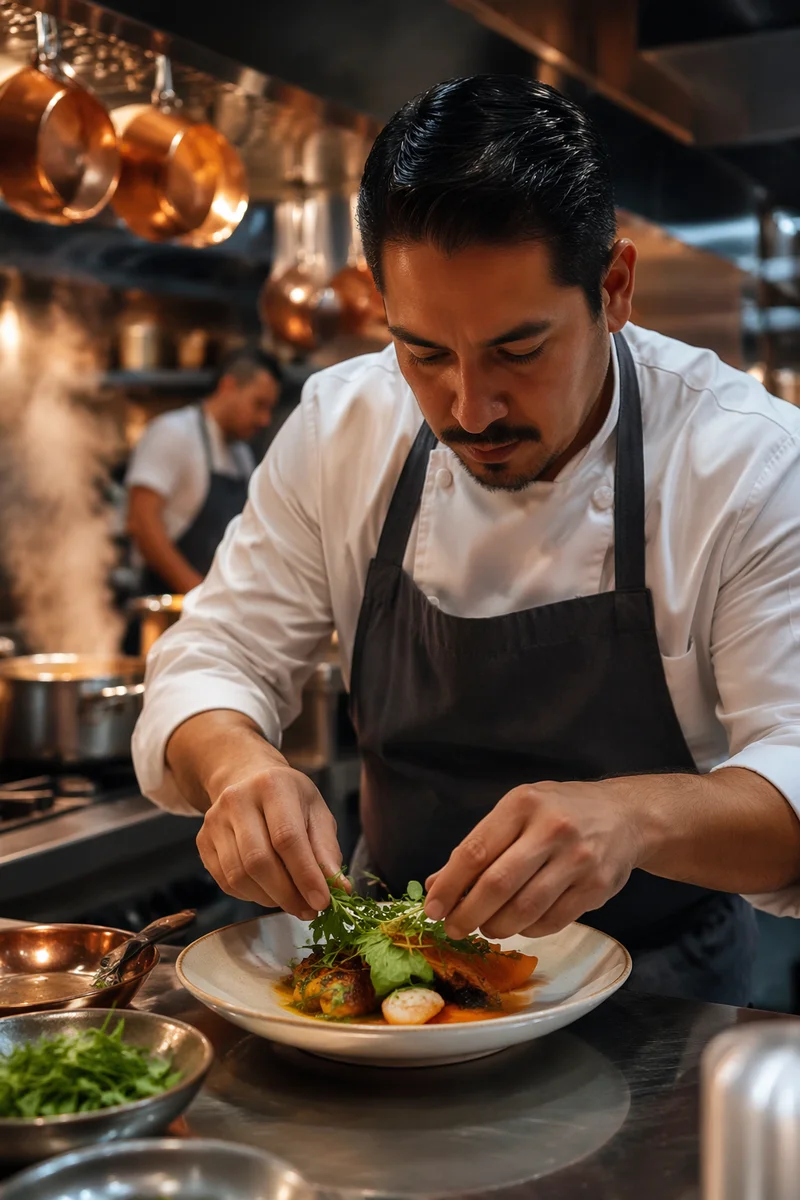 Chef Plating Dish in Restaurant Kitchen