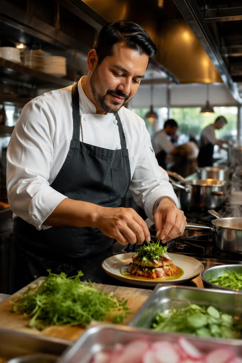 Hispanic Chef Plating Dish in Restaurant Kitchen