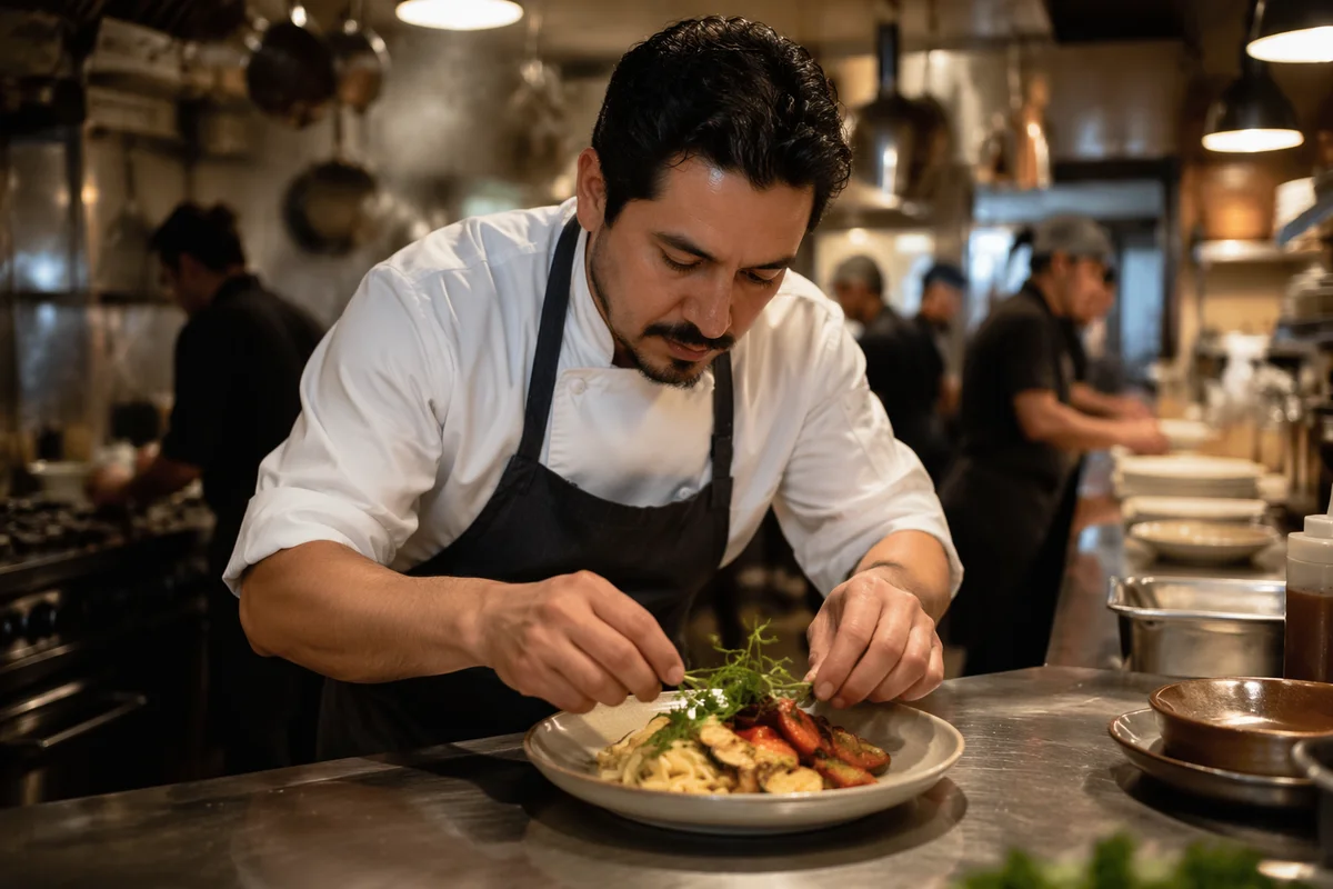 Hispanic Chef Plating Pasta in Kitchen