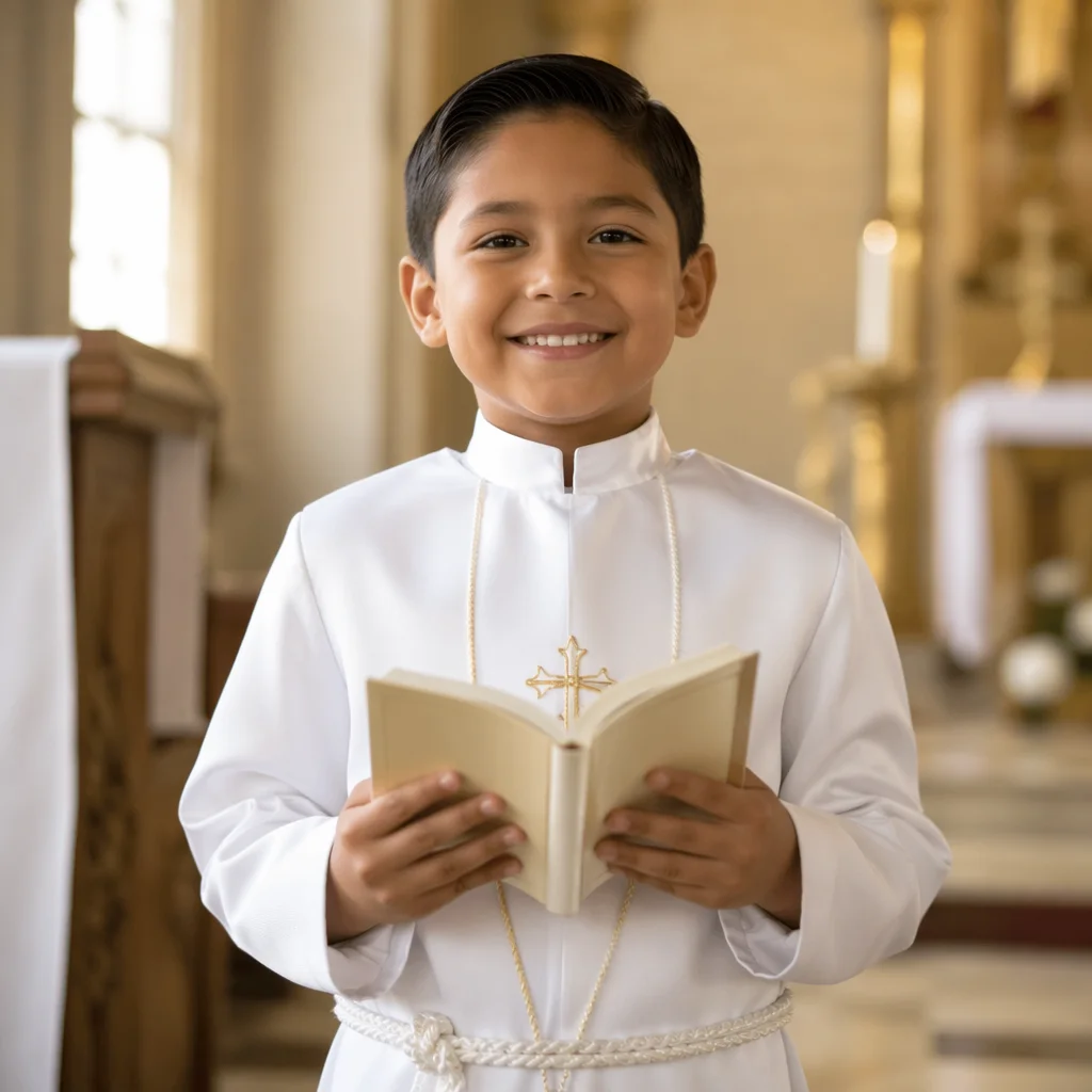 Smiling Child in White Communion Attire