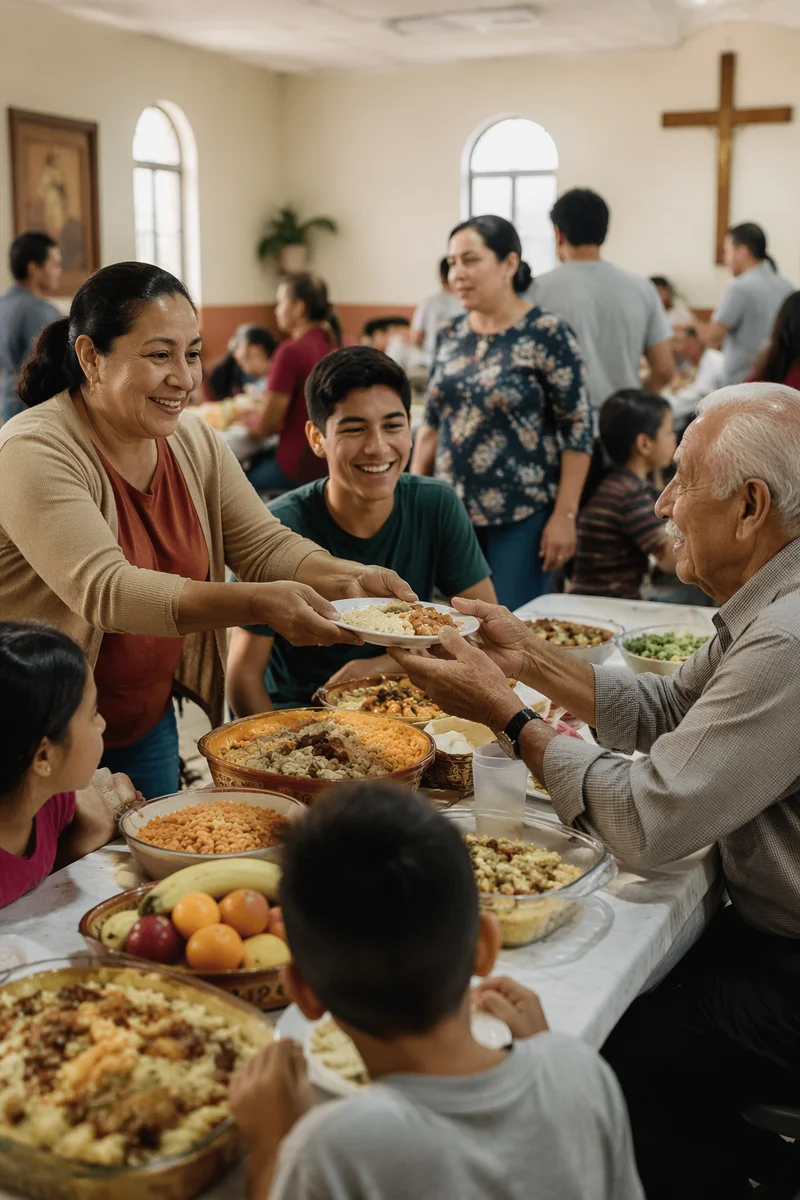 Hispanic Families Sharing Meal in Fellowship Hall