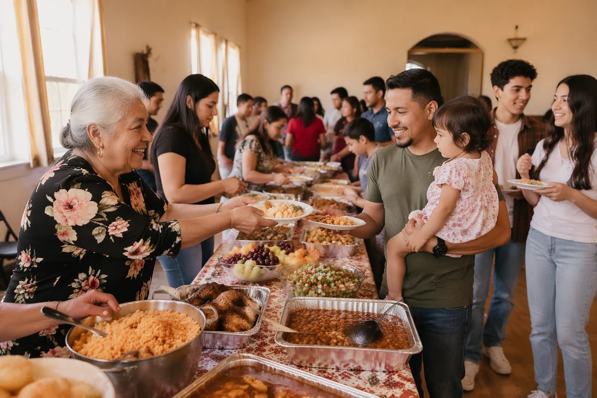 Hispanic Families Sharing Meal in Fellowship Hall