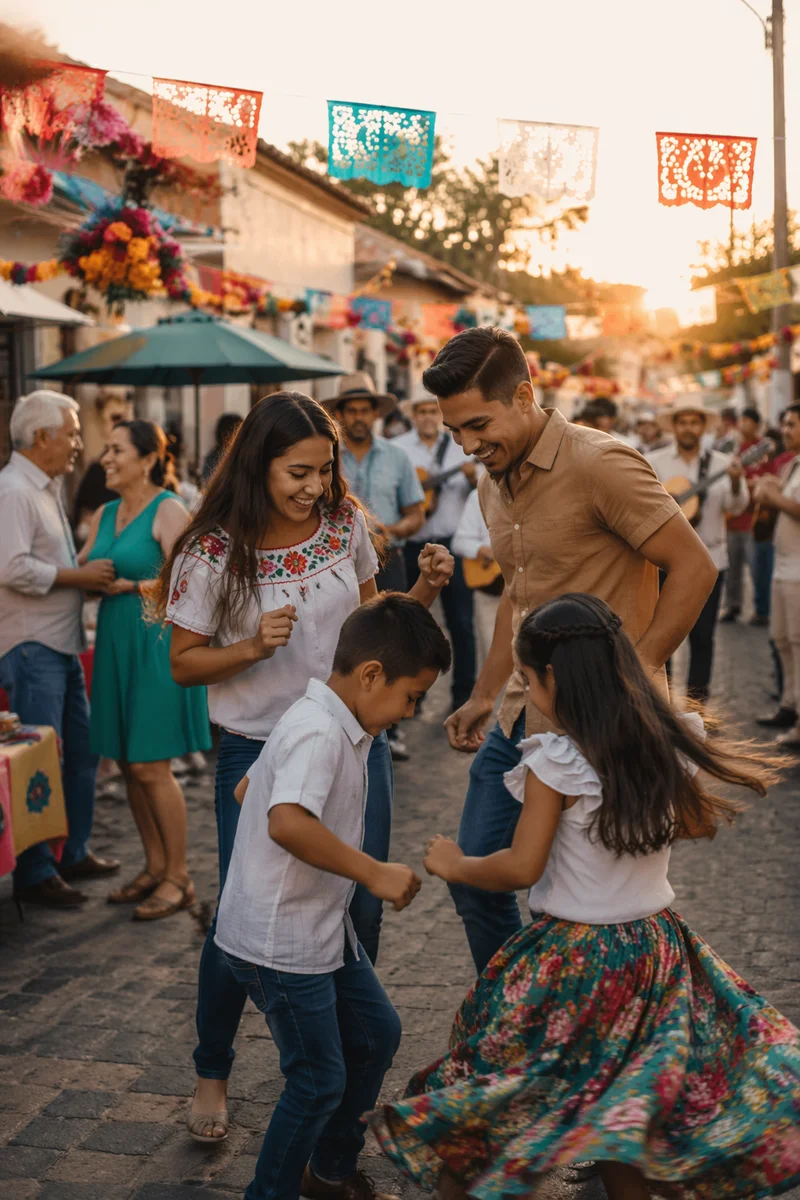 Joyful Hispanic Neighborhood Festival at Golden Hour