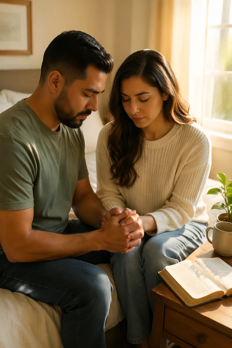 Hispanic Couple Holding Hands in Prayer