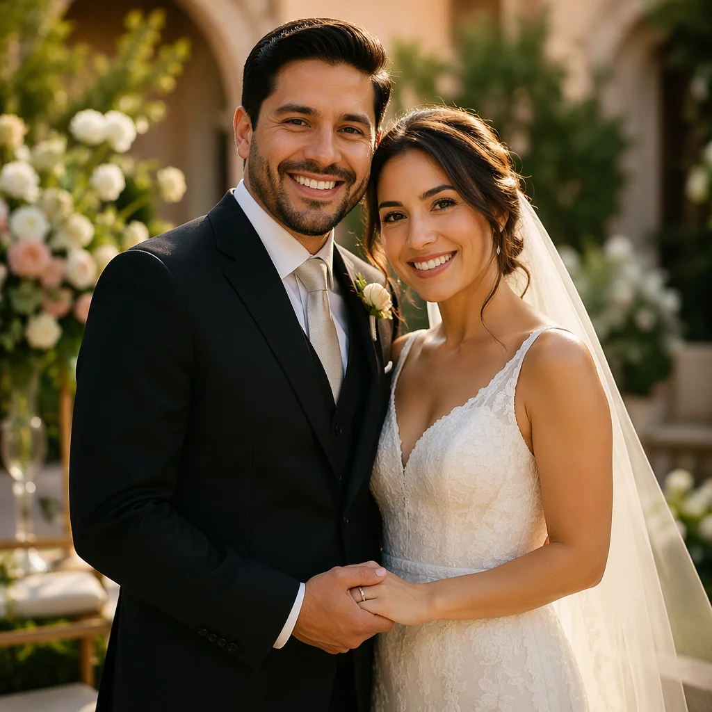 Joyful Hispanic Wedding Couple in Garden