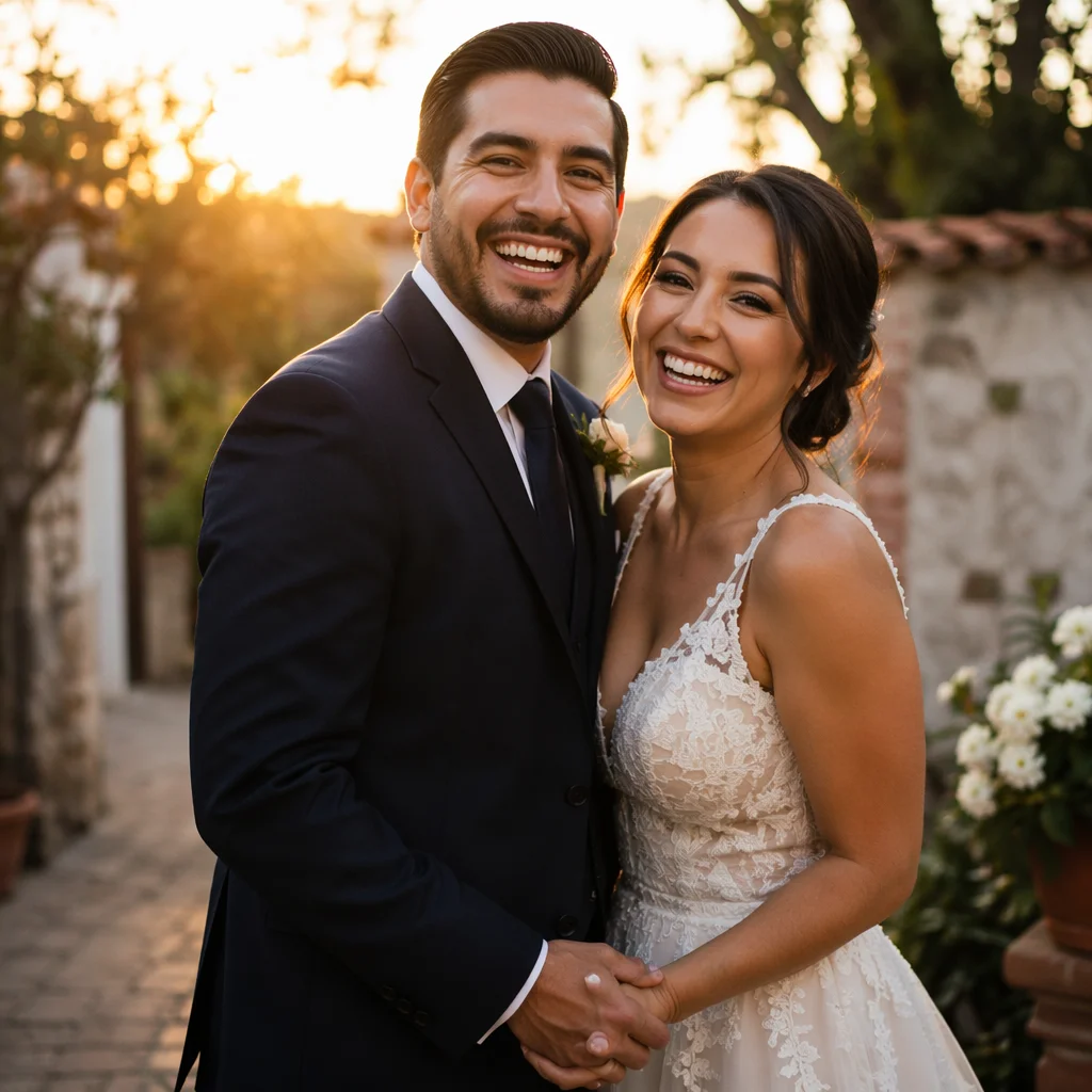 Joyful Hispanic Wedding Couple in Garden