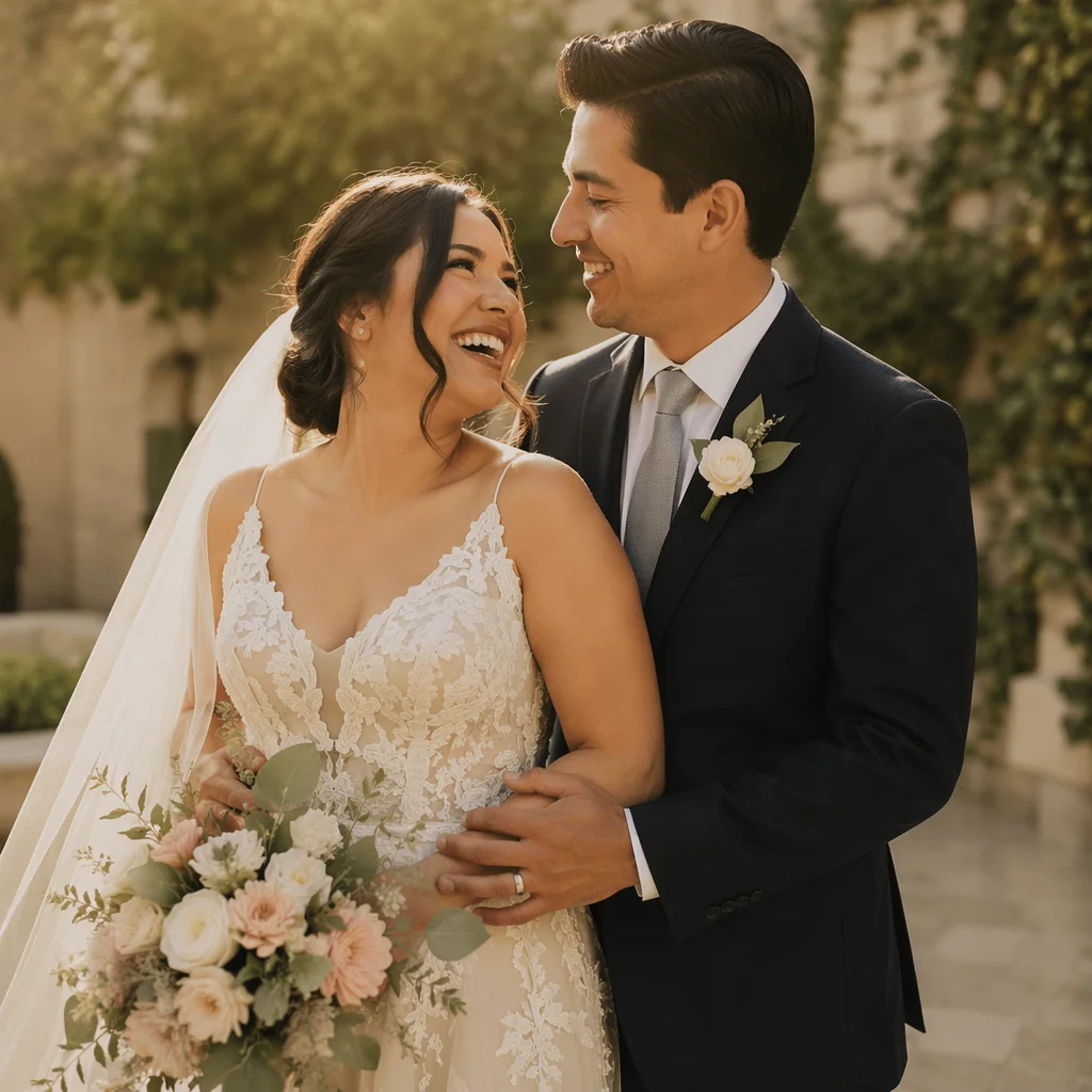 Joyful Hispanic Couple Wedding Garden Portrait