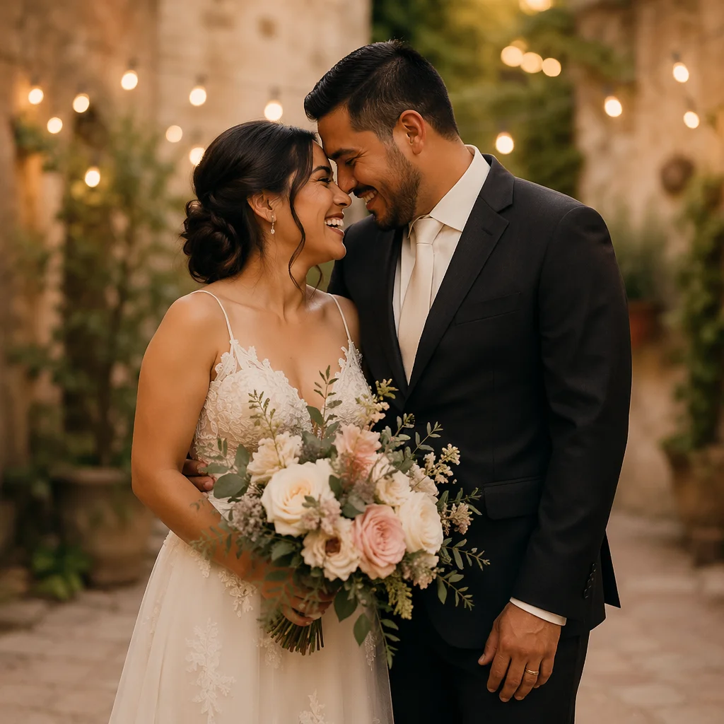 Joyful Hispanic Wedding Couple in Garden