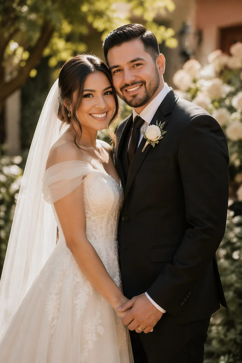 Joyful Hispanic Wedding Couple in Garden
