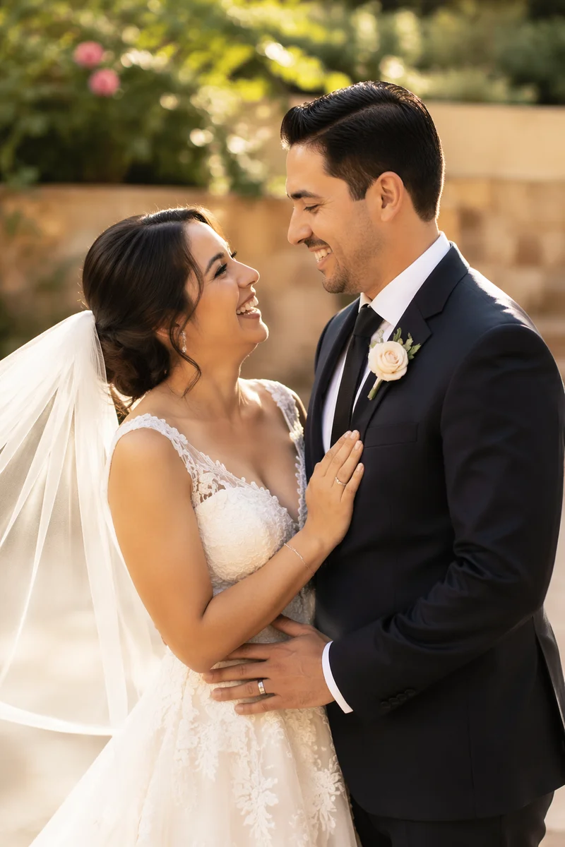 Joyful Hispanic Wedding Couple in Garden