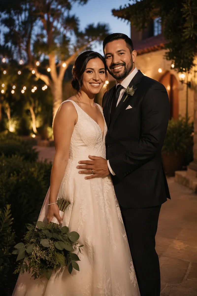 Joyful Hispanic Wedding Couple in Garden