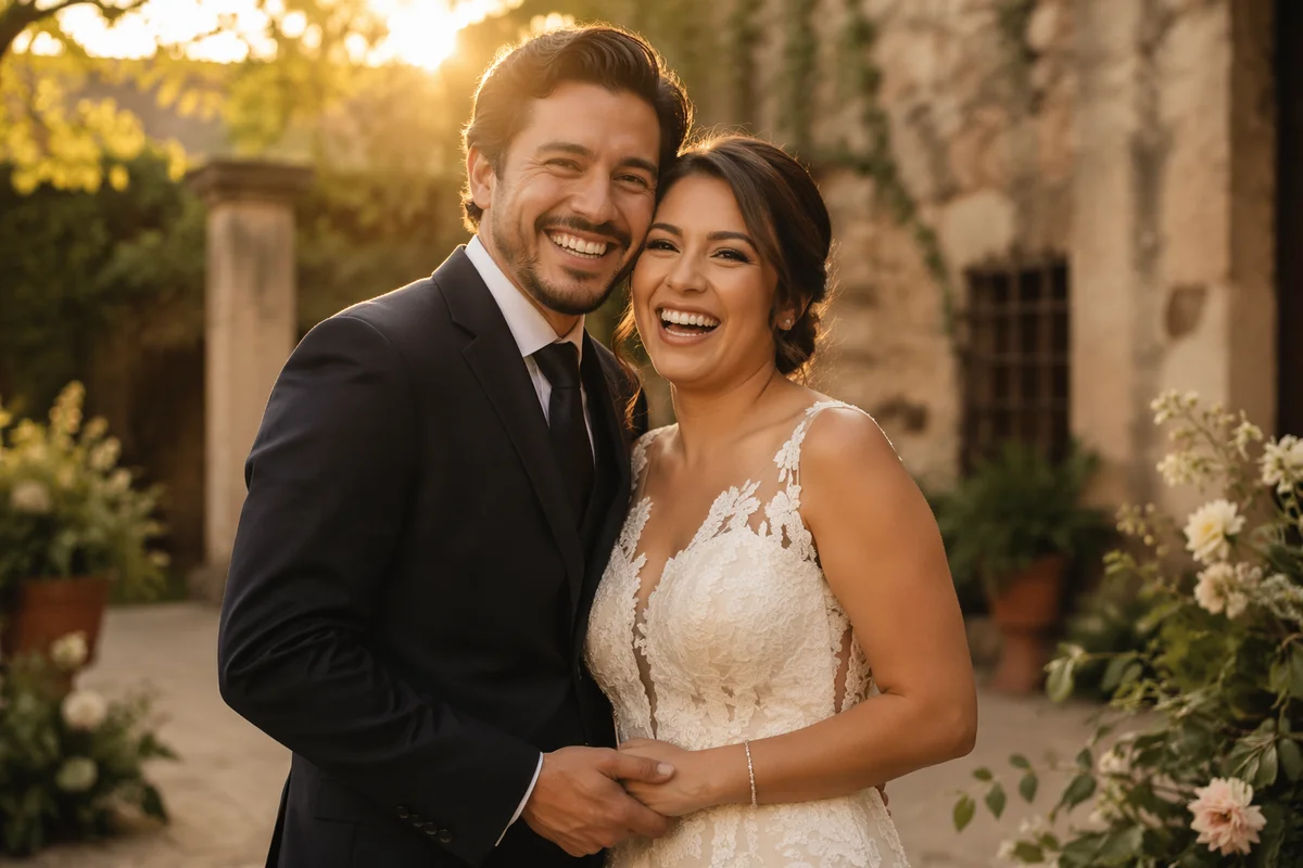 Joyful Hispanic Wedding Couple in Garden