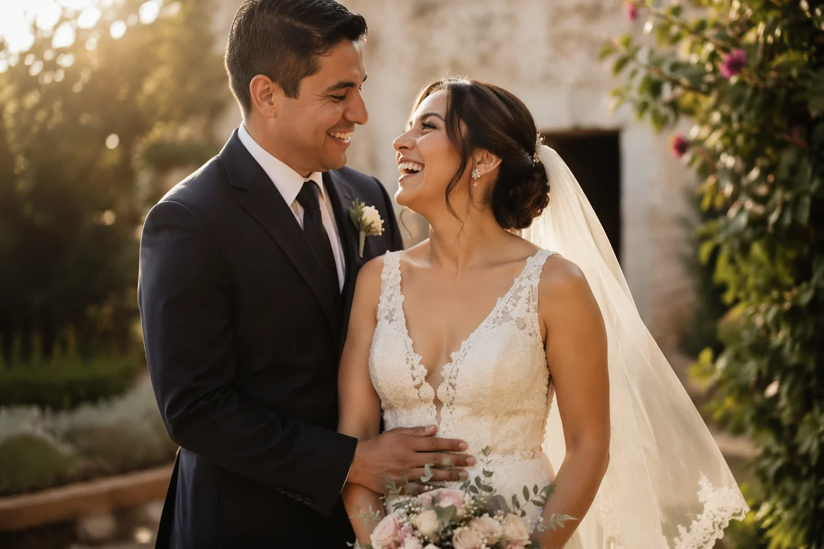 Joyful Hispanic Wedding Couple in Garden