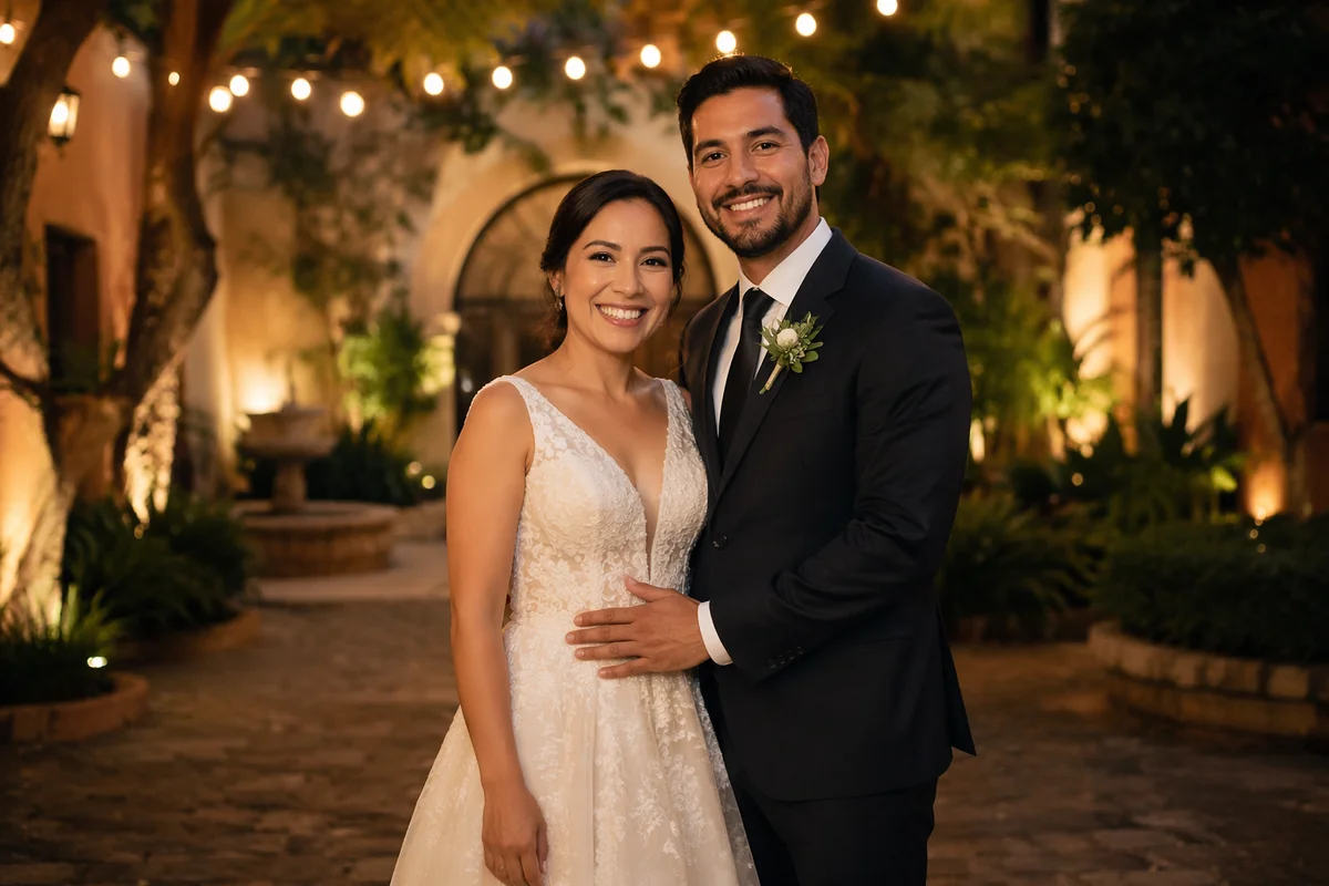 Joyful Hispanic Wedding Couple in Garden