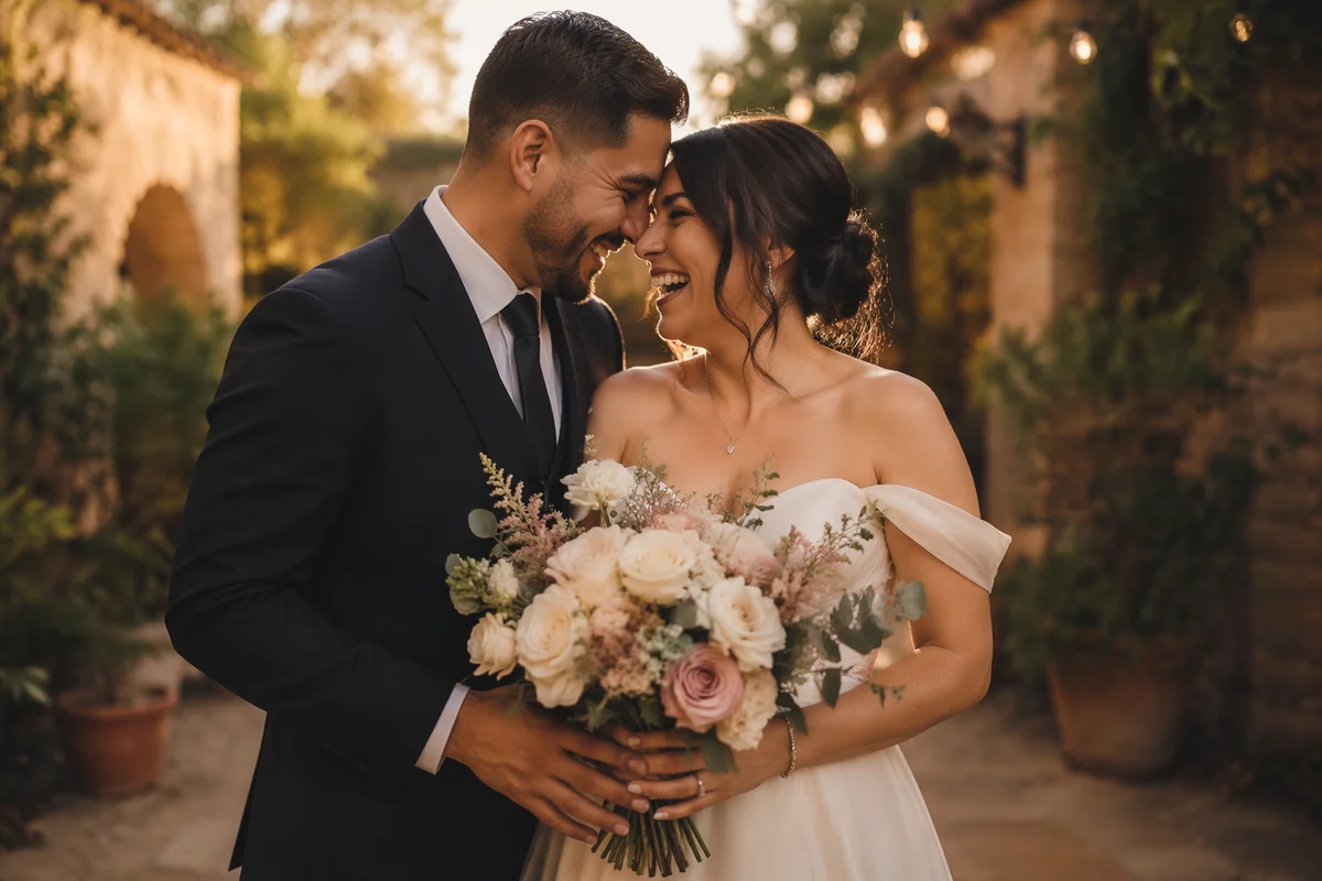 Joyful Hispanic Wedding Couple in Garden