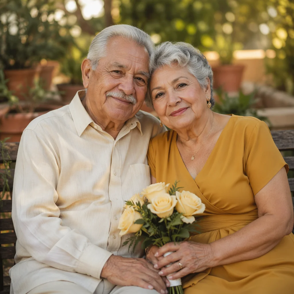 Elderly Hispanic Couple on Garden Bench