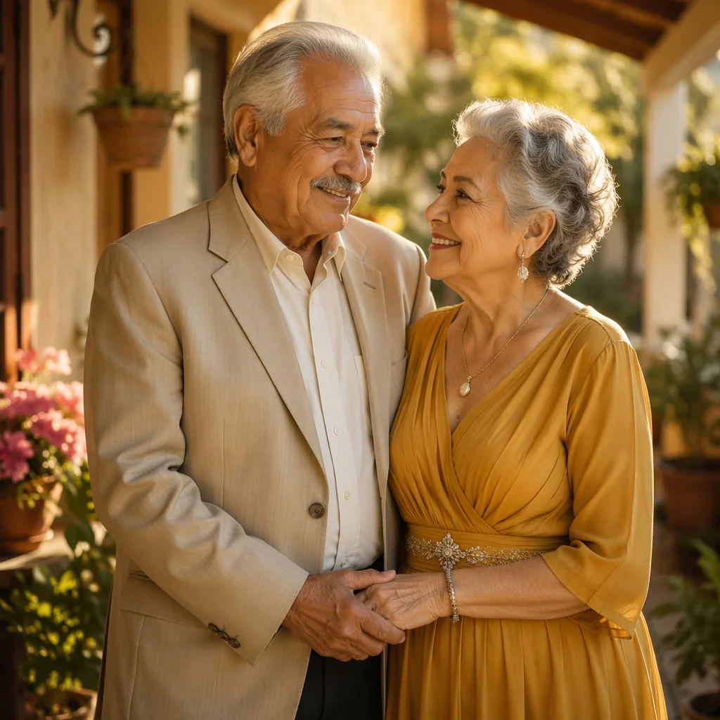 Elderly Hispanic Couple on Garden Porch