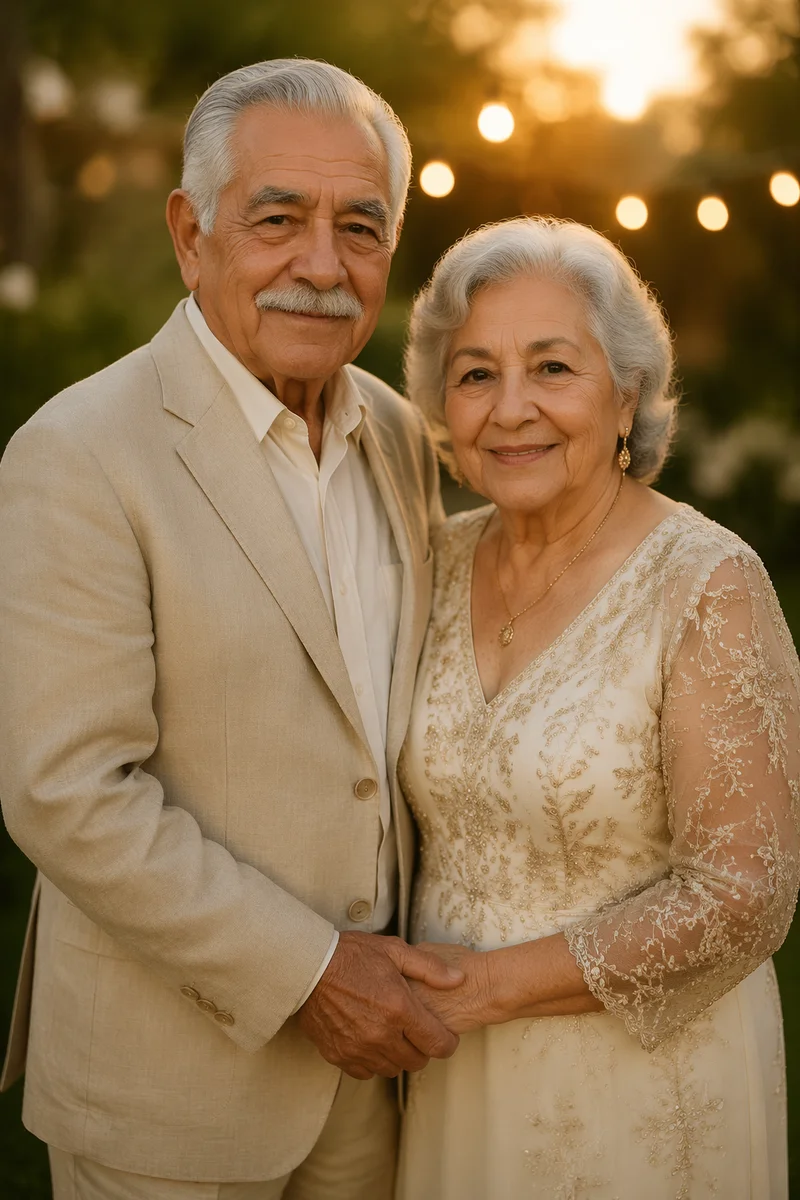 Elderly Hispanic Couple in Sunset Garden
