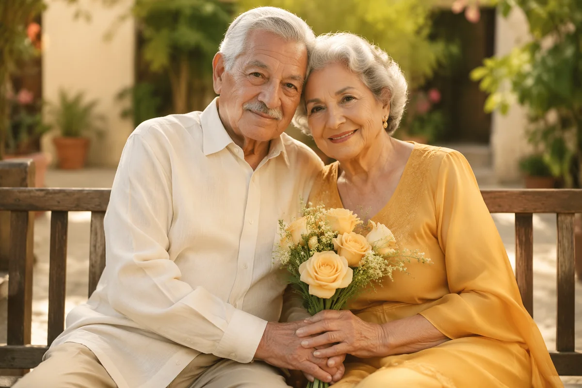 Elderly Hispanic Couple on Garden Bench