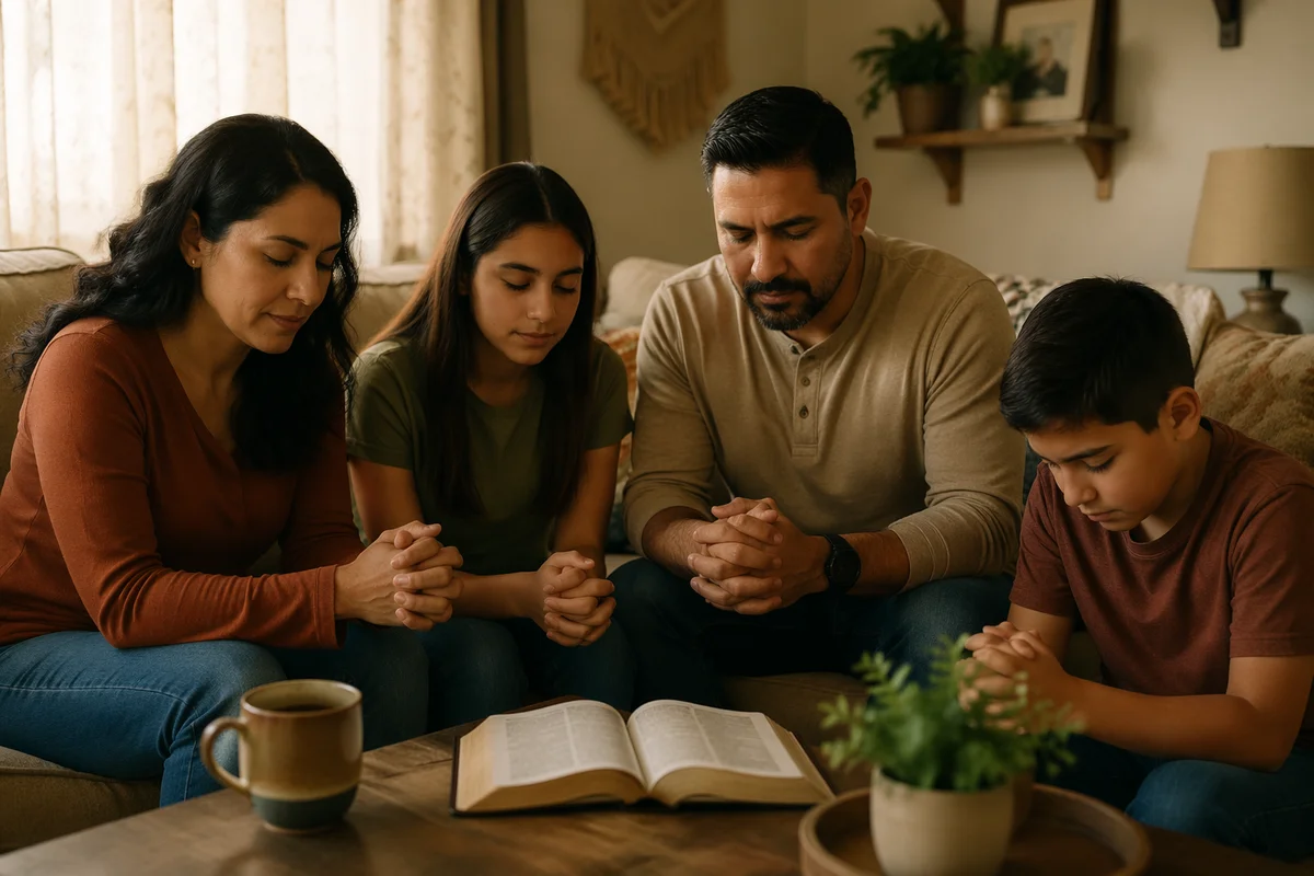 Hispanic Family Reading Bible in Living Room