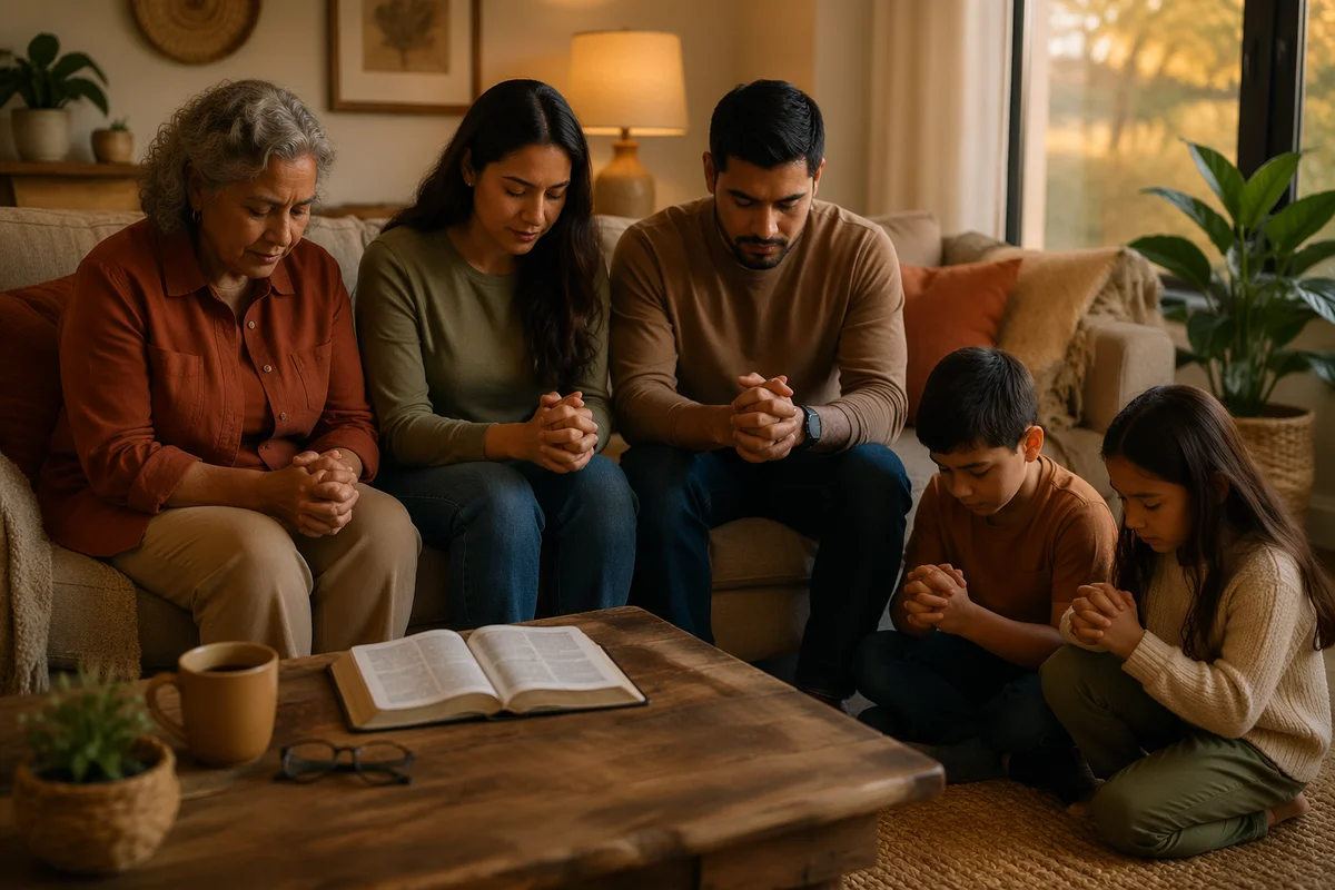 Hispanic Family Praying in Cozy Living Room