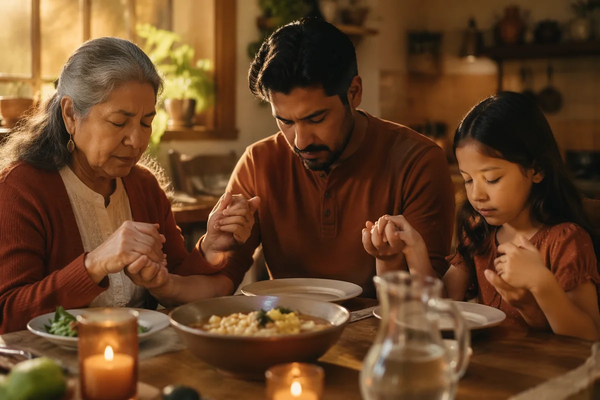 Hispanic Family Praying at Dinner Table
