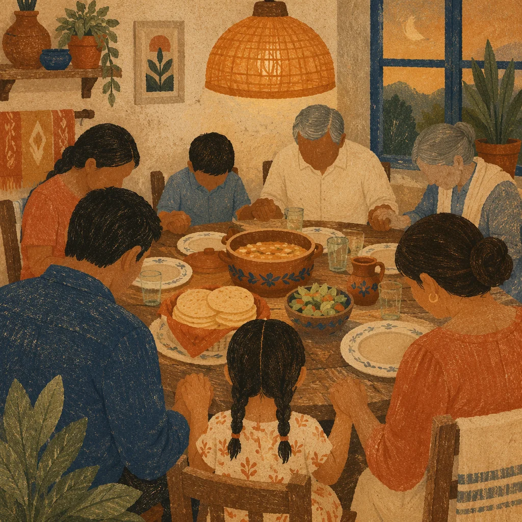 Hispanic Family Prayer Before Dinner Together