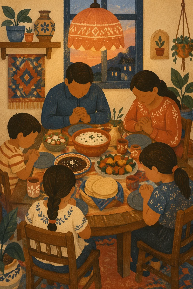 Hispanic Family Prayer Before Dinner