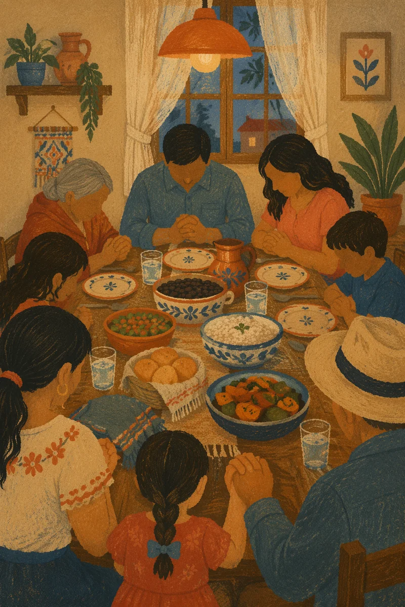 Hispanic Family Prayer Before Dinner Table