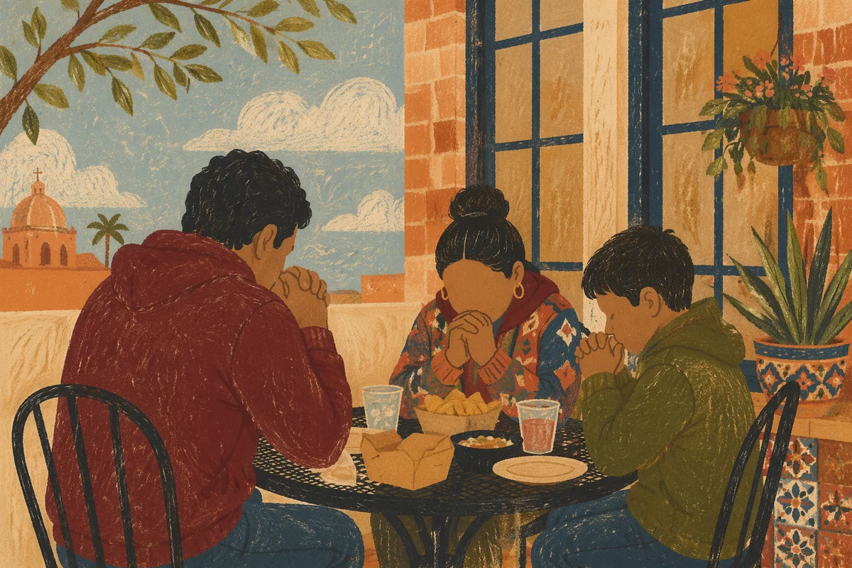 Hispanic Family Praying Before Outdoor Dinner