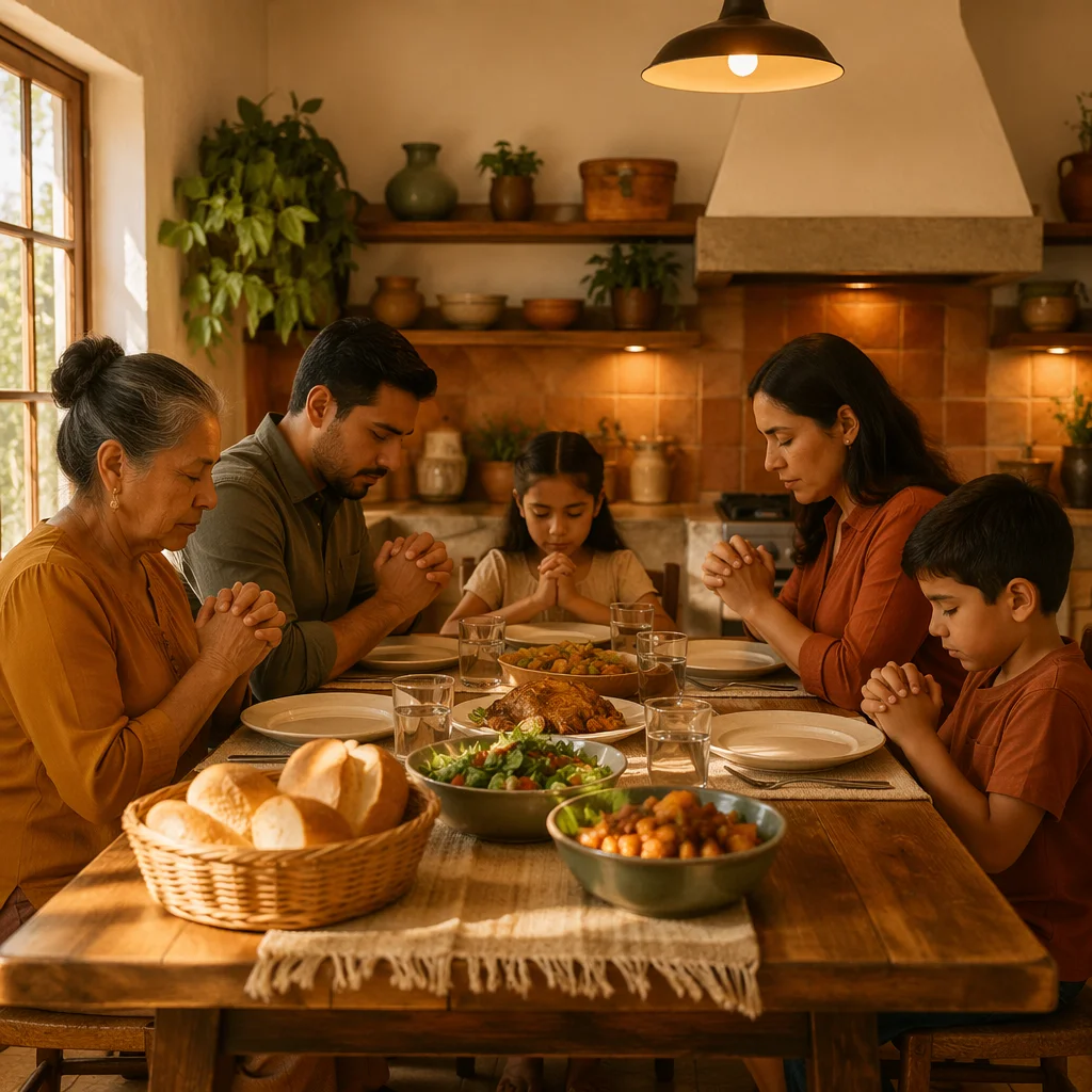 Hispanic Family Praying Before Dinner Together
